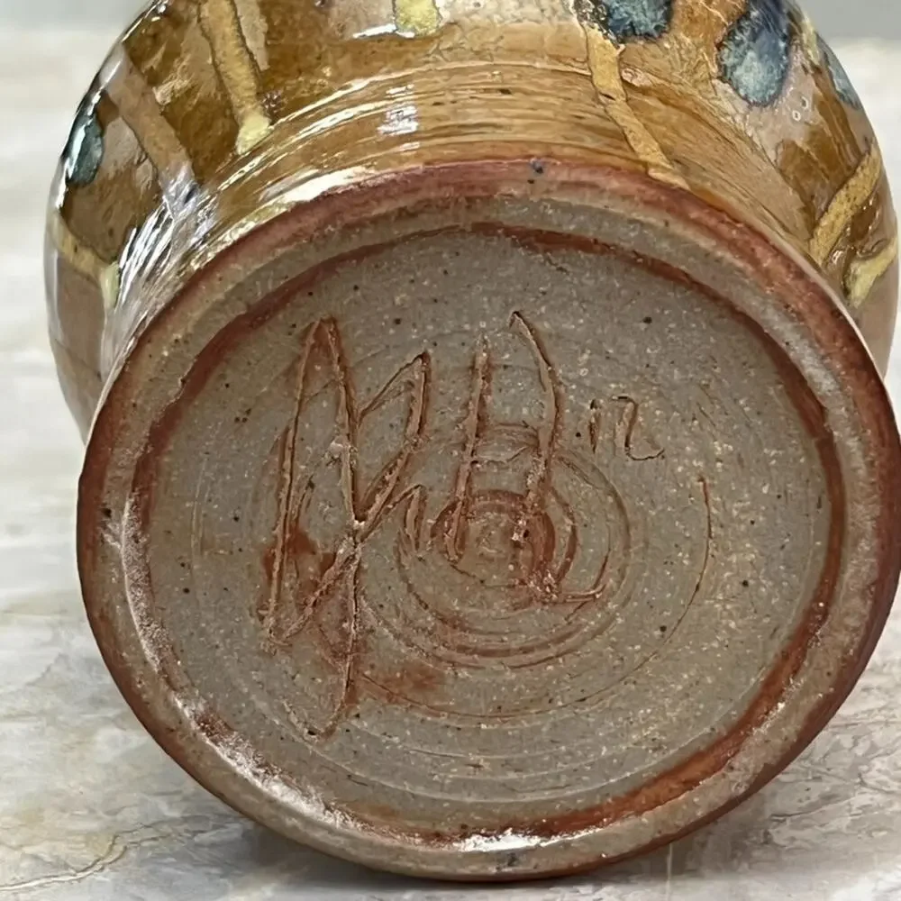 Studio Art Pottery Vase Brown Multicolor Drip Glaze Sculptural Form 5” Signed